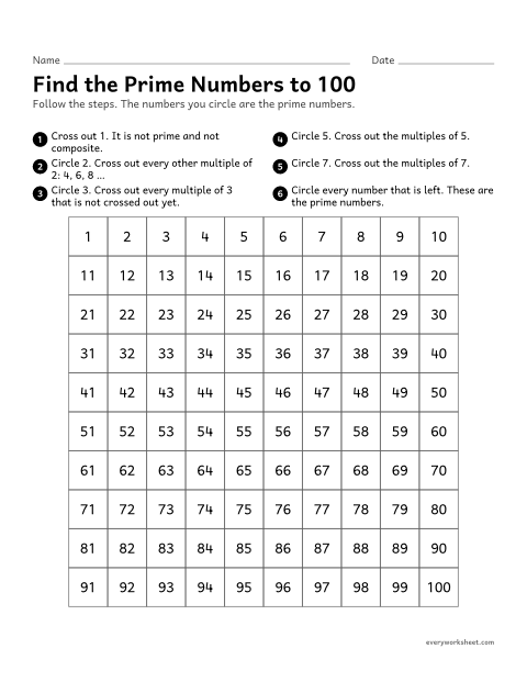 Preview of the printable “Find the prime numbers to 100” worksheet: finding the prime numbers to 100 on a hundred chart