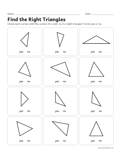 Preview of the printable “Find the right triangles” worksheet: finding right triangles in any position by checking each corner for a right angle