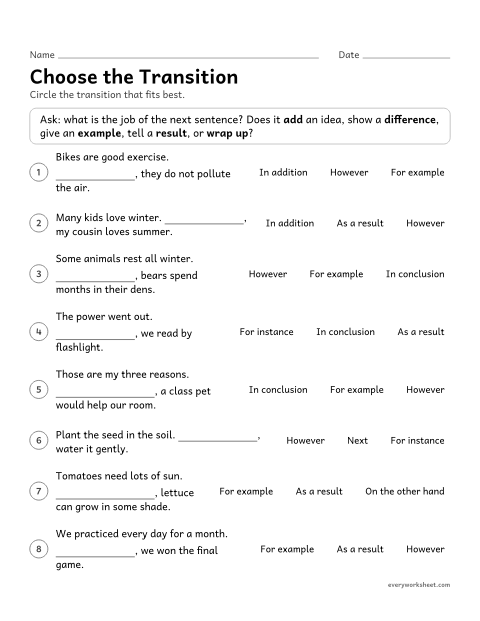 Preview of the printable “Choose the transition” worksheet: choosing transitions that add, contrast, give an example, show a result, put steps in order, or conclude