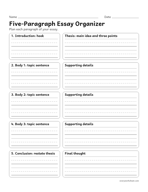 Preview of the printable “Five-Paragraph essay organizer” worksheet: planning a five-paragraph essay: hook, thesis, three body paragraphs, and conclusion