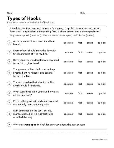 Preview of the printable “Types of hooks” worksheet: recognizing and writing hooks for an essay introduction: question, surprising fact, short scene, and strong opinion