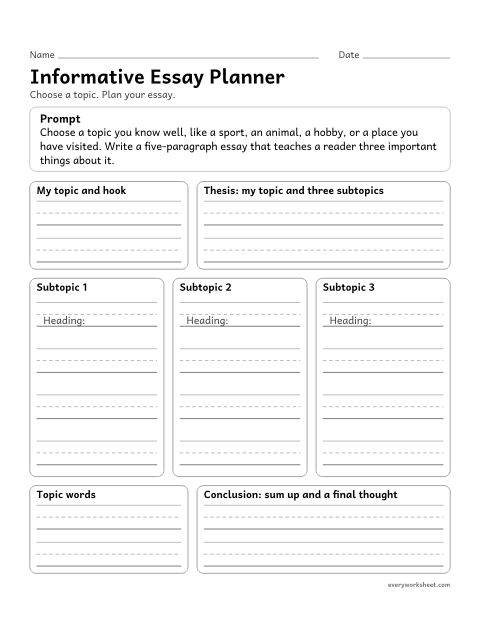 Preview of the printable “Informative essay planner” worksheet: planning a five-paragraph informative essay with three subtopics, facts, and topic words