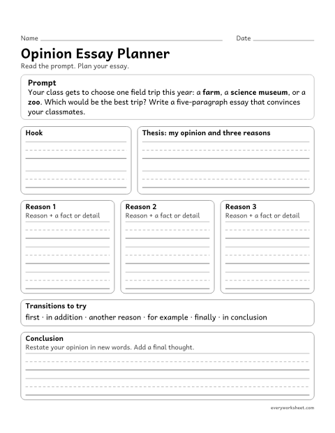 Preview of the printable “Opinion essay planner” worksheet: planning a five-paragraph opinion essay with reasons supported by facts and details