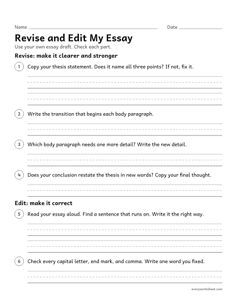 Preview of the printable “Revise and edit my essay” worksheet: revising and editing a five-paragraph essay draft with a checklist