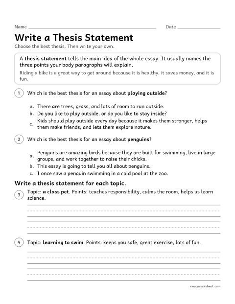Preview of the printable “Write a thesis statement” worksheet: choosing and writing thesis statements that name the topic, the main idea, and three points