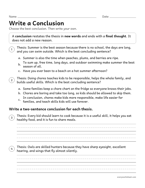 Preview of the printable “Write a conclusion” worksheet: choosing and writing a conclusion that restates the thesis in new words and ends with a final thought