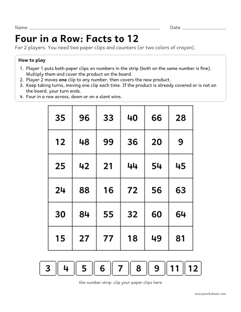 Preview of the printable “Four in a Row: facts to 12” worksheet: multiplying factors up to 12 to cover products in a four-in-a-row game