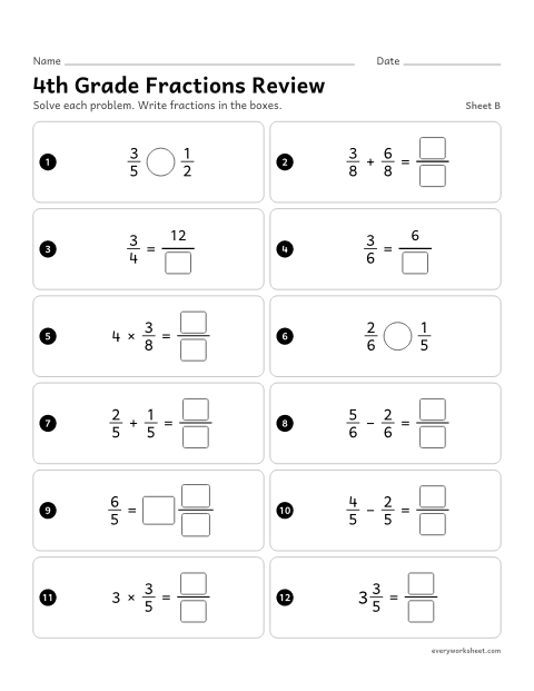Preview of the printable “4th grade fractions Review, sheet B” worksheet: mixed review: equivalent fractions, comparing, adding and subtracting, mixed numbers and multiplying by a whole number