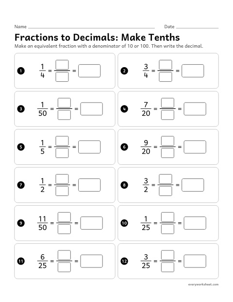 Preview of the printable “Fractions to Decimals: make tenths” worksheet: changing halves, fourths, fifths, twentieths, twenty-fifths and fiftieths to tenths or hundredths, then to decimals