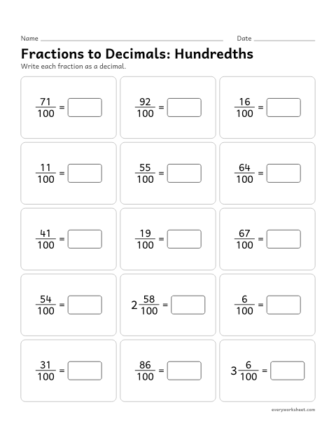 Preview of the printable “Fractions to Decimals: hundredths” worksheet: writing hundredths as decimals, including fractions like 7/100 = 0.07