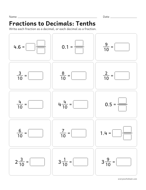 Preview of the printable “Fractions to Decimals: tenths” worksheet: writing tenths as decimals and decimals in tenths as fractions