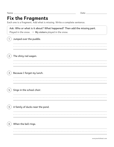 Preview of the printable “Fix the fragments” worksheet: correcting fragments by adding a subject, a predicate, or a complete thought