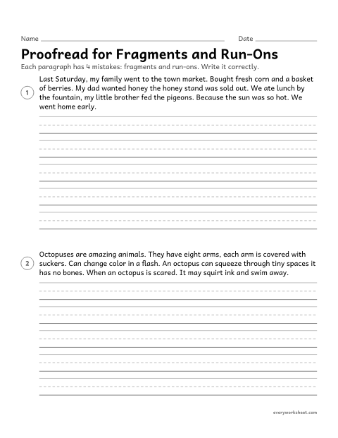 Preview of the printable “Proofread for fragments and Run-Ons” worksheet: editing a paragraph to fix fragments, run-ons, and comma splices
