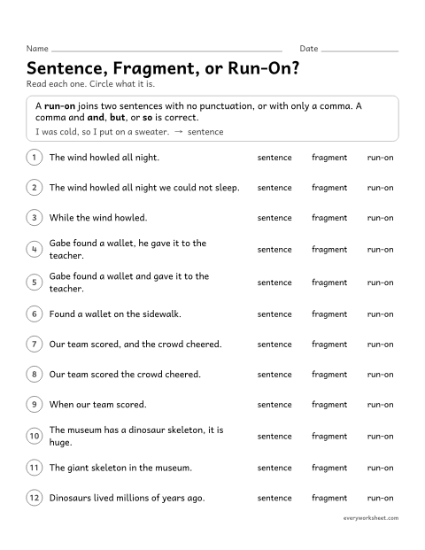 Preview of the printable “Sentence, Fragment, or Run-On?” worksheet: telling complete sentences, fragments, run-ons, and comma splices apart