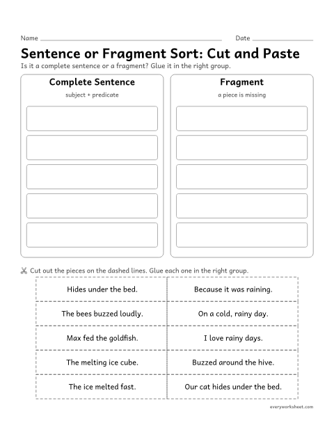 Preview of the printable “Sentence or fragment Sort: cut and paste” worksheet: sorting complete sentences and fragments (cut and paste)