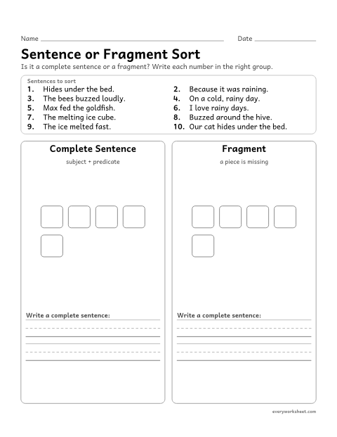 Preview of the printable “Sentence or fragment sort” worksheet: sorting complete sentences and fragments