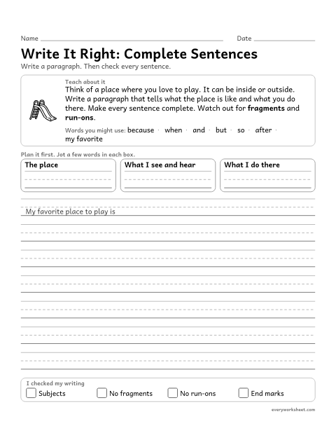 Preview of the printable “Write it Right: complete sentences” worksheet: writing a paragraph in complete sentences with no fragments or run-ons
