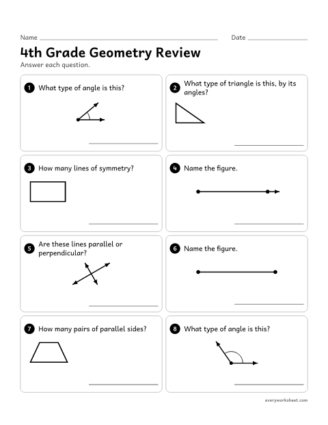 Preview of the printable “4th grade geometry review” worksheet: mixed review of lines, rays, angles, parallel and perpendicular lines, triangles and symmetry