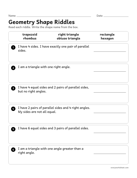 Preview of the printable “Geometry shape riddles” worksheet: using parallel sides, right angles and equal sides to name polygons