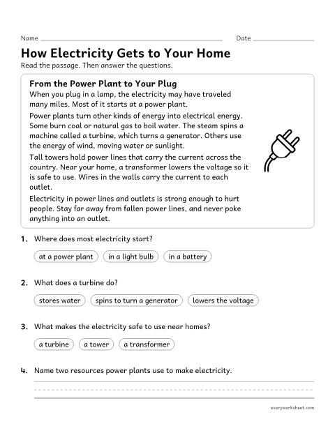 Preview of the printable “How electricity gets to your Home: reading passage” worksheet: describing how electrical energy is produced and carried to homes