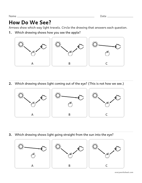 Preview of the printable “How we See: light and the eye worksheet” worksheet: choosing the model that shows light reflecting from an object into the eye
