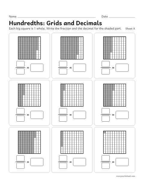 Preview of the printable “Hundredths: grids and Decimals, sheet A” worksheet: writing the fraction and the decimal for hundredths shown on 10 by 10 grids