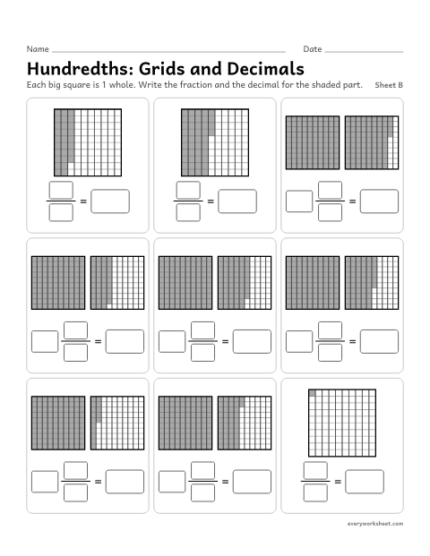 Preview of the printable “Hundredths: grids and Decimals, sheet B” worksheet: writing fractions and decimals for hundredths grids, including numbers greater than 1