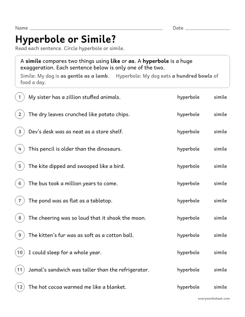 Preview of the printable “Hyperbole or Simile?” worksheet: telling hyperbole (exaggeration) from simile (comparison with like or as)