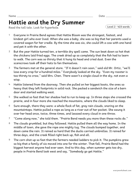 Preview of the printable “Hattie and the dry summer” worksheet: explaining hyperbole in an original tall tale