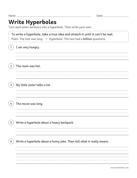 Preview of the printable “Write hyperboles” worksheet: writing hyperboles for effect
