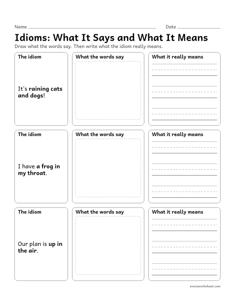 Preview of the printable “Idioms: what it says and what it means” worksheet: contrasting the literal and real meanings of idioms