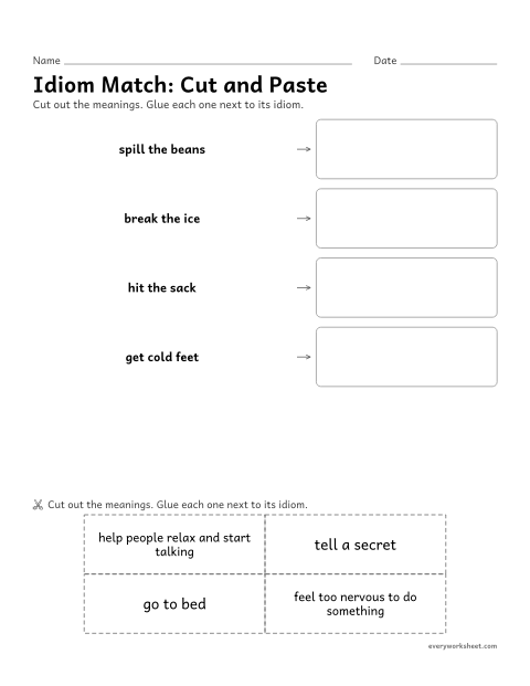 Preview of the printable “Idiom Match: cut and paste” worksheet: matching common idioms to their meanings