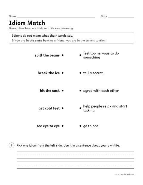 Preview of the printable “Idiom match” worksheet: matching common idioms to their meanings