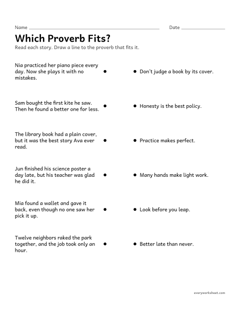 Preview of the printable “Which proverb Fits?” worksheet: matching proverbs to real-life situations