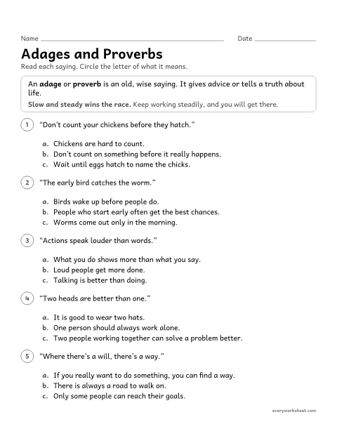 Preview of the printable “Adages and proverbs” worksheet: explaining the meaning of common adages and proverbs