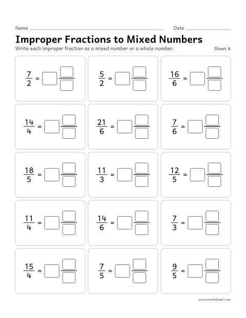 Preview of the printable “Improper fractions to mixed Numbers, sheet A” worksheet: changing improper fractions into mixed numbers by finding how many wholes