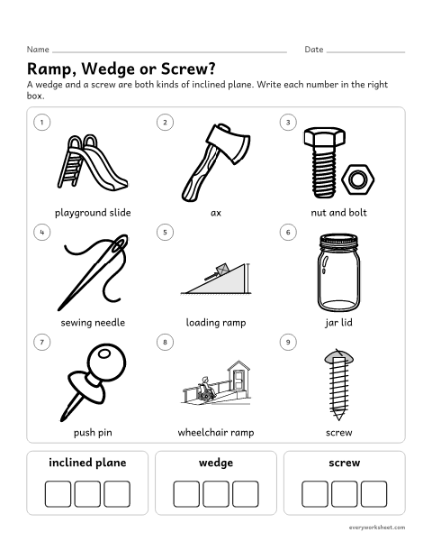 Preview of the printable “Inclined Plane, wedge or Screw? sort worksheet” worksheet: classifying everyday objects as inclined planes, wedges or screws