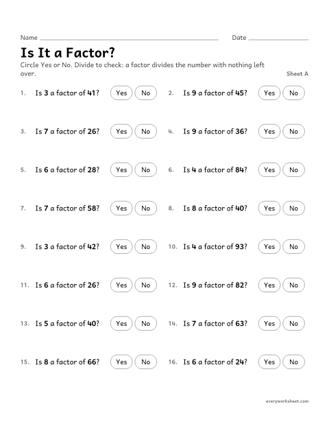 Preview of the printable “Is it a Factor?, sheet A” worksheet: deciding whether a 1-digit number is a factor
