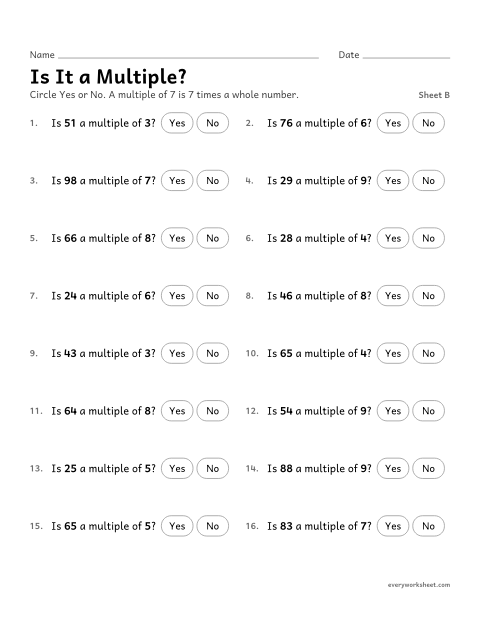 Preview of the printable “Is it a Multiple?, sheet B” worksheet: deciding whether a number is a multiple of a 1-digit number