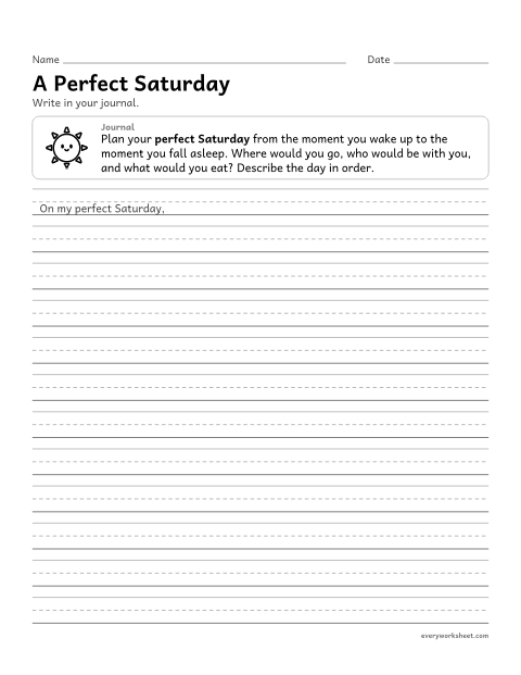 Preview of the printable “A perfect saturday” worksheet: describing an imagined day in order in a journal entry