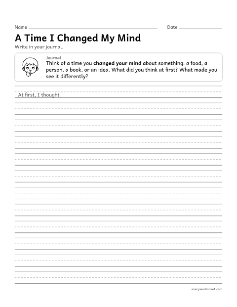 Preview of the printable “A time I changed my mind” worksheet: reflecting on a change of opinion in a journal entry
