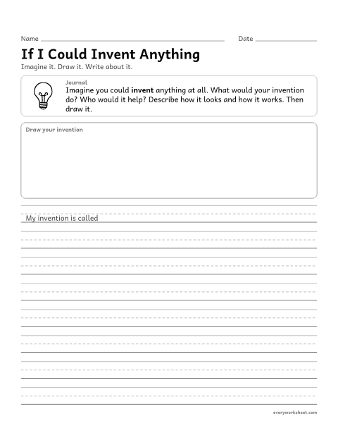 Preview of the printable “If I could invent anything” worksheet: describing an imagined invention in a journal entry