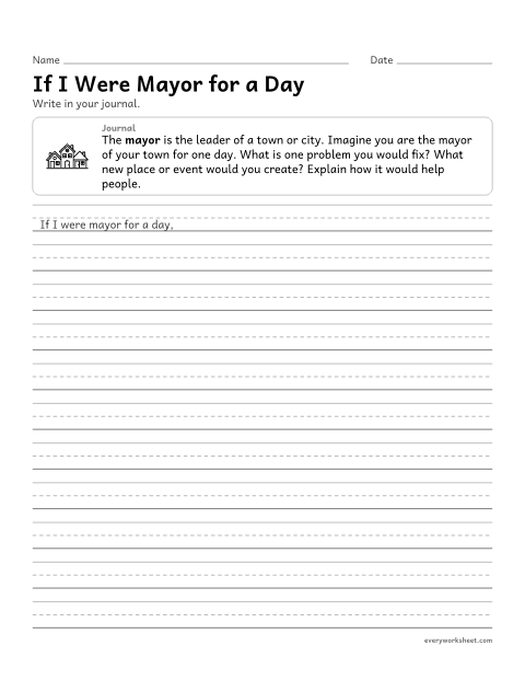 Preview of the printable “If I were mayor for a day” worksheet: writing an imagined journal entry with ideas and reasons