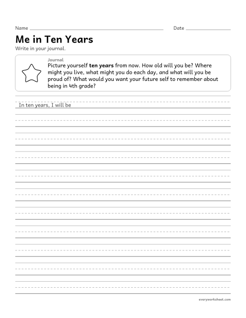 Preview of the printable “Me in ten years” worksheet: reflecting on the future in a journal entry