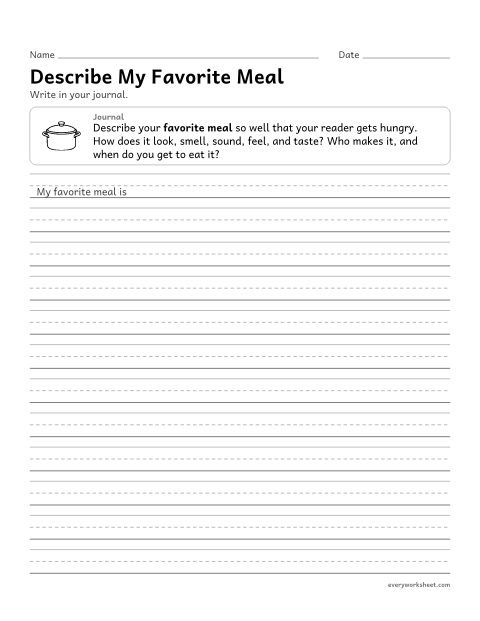 Preview of the printable “Describe my favorite meal” worksheet: describing with sensory details in a journal entry