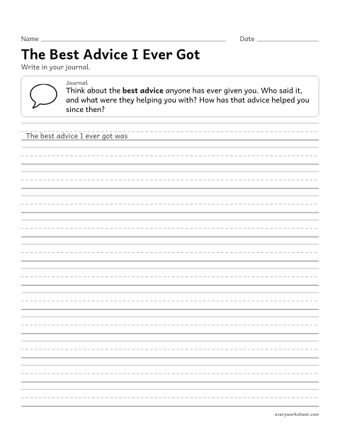 Preview of the printable “The best advice I ever got” worksheet: reflecting on advice and how it helped in a journal entry