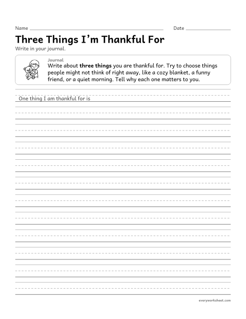 Preview of the printable “Three things I'm thankful for” worksheet: writing a gratitude journal entry with reasons