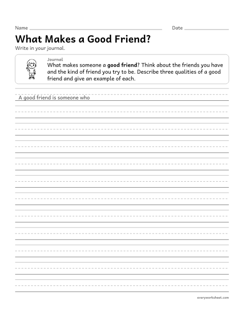 Preview of the printable “What makes a good Friend?” worksheet: reflecting on friendship with examples in a journal entry