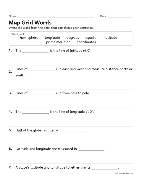 Preview of the printable “Latitude and longitude vocabulary worksheet” worksheet: using latitude and longitude vocabulary in context