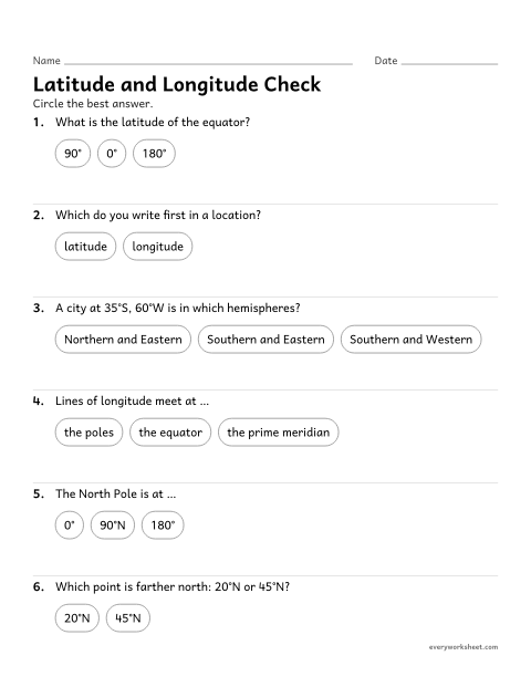 Preview of the printable “Latitude and longitude quiz for 4th grade” worksheet: reviewing latitude, longitude and hemispheres